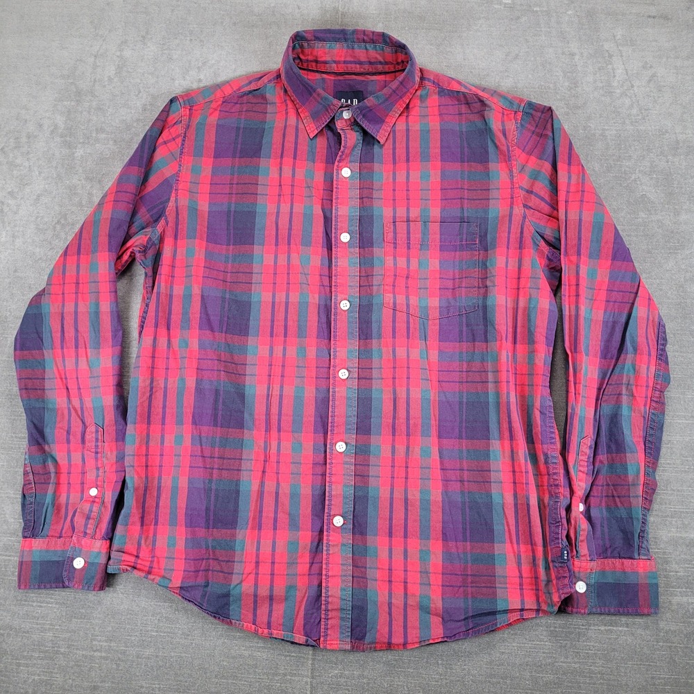GAP Y2K Plaid Button Up Long‎ Sleeve Preppy Shirt Red Purple Green Mens M